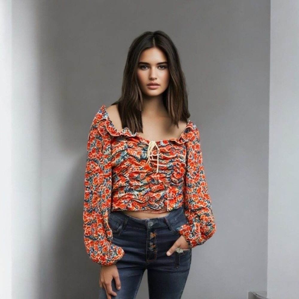 Free‎ People Mabel Printed Rose Combo Open Back Lace Up Blouse Sz L
